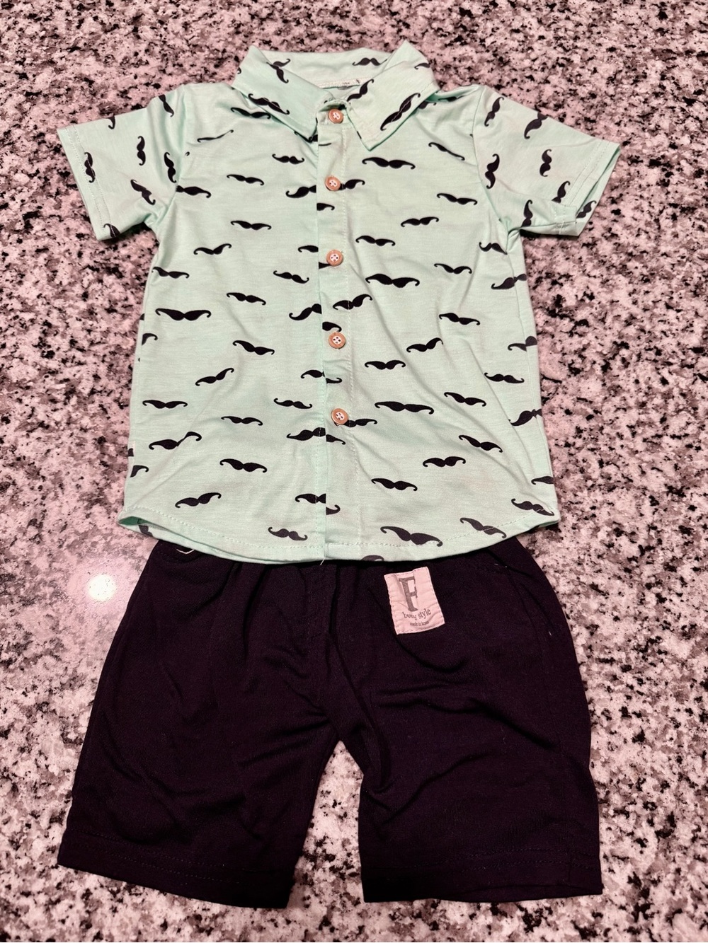 Kids Mint Green Mustache Print Set with Black Shorts